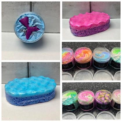 Shower Fluff, Sugar Scrubs, Body Butters, Soap Sponges, Hand Wash, Hand Lotion