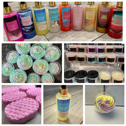 Shower Fluff, Sugar Scrubs, Body Butters, Soap Sponges, Hand & Body Wash
